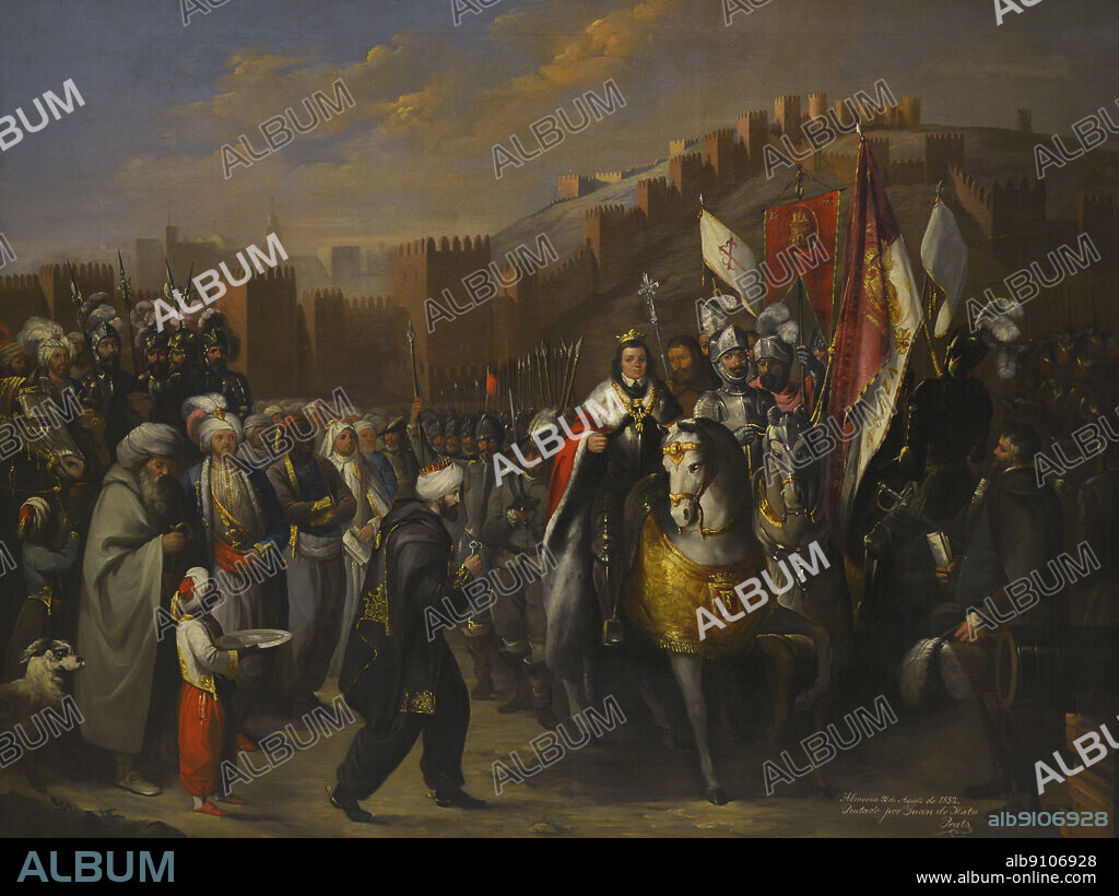 JUAN DE MATA PRATS (D. 1855). SPANISH PAINTER.. La Conquista de Almería. Entrega de las llaves de Almería por el Rey moro a Fernando el Católico (diciembre de 1489). Oleo sobre lienzo por Juan de Mata Prats, 1852. Museo del Ejército. Toledo, España.