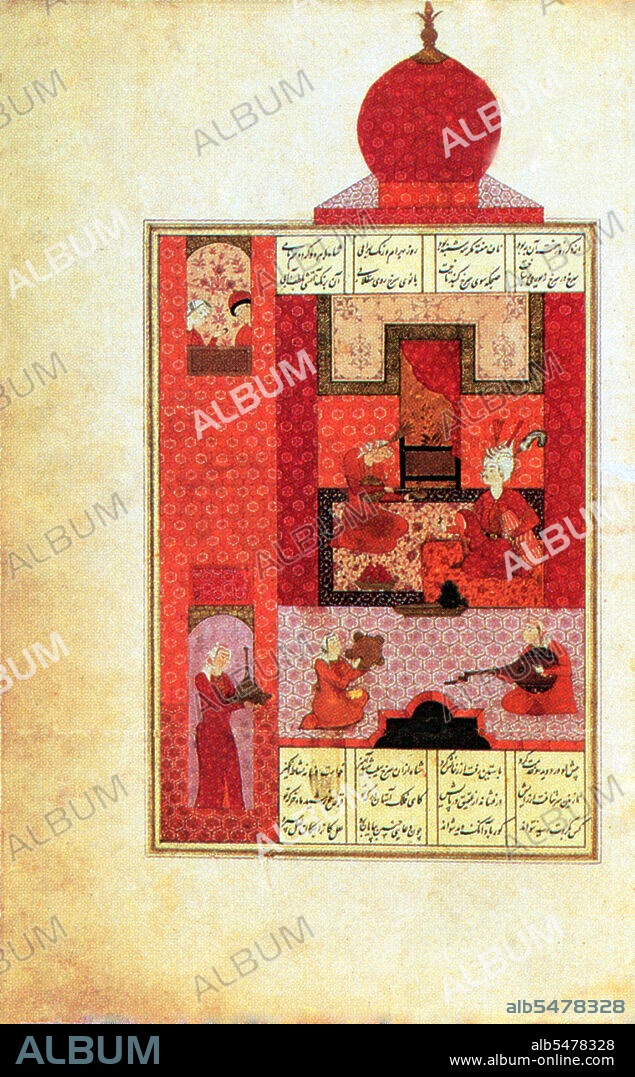 From a 1543 CE edition of the 'Khamsa' published in Shiraz, this illustration shows the Sassanid prince Bahram Gur visiting the red pavilion of the Slavic princesses. The Khamsa, or Hamsa, is a series of five lengthy epic poems written by the Persian poet Nezami-ye Ganjavi in the 12th century. The first of these five poems, all of which were composed in the 'Masnavi' form, is the didactic work Makhzan ol-asrar (The Treasury of Mysteries); the next three are traditional love stories; and the fifth, the 'Eskandar-nameh', records the adventures of Alexander the Great.