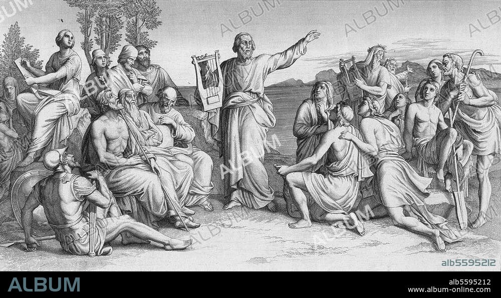 EDOUARD SCHULER y GUSTAV JAEGER. Homer, Greek poet; 8th Century BC. - "Homer and the Greek people". (Homer as a rhapsodist with audience). Steel engr., 1874, by Edouard Schuler. (1806-1882) after drawing by Gustav Jäger (1808-1871). Berlin, Sammlung Archiv für Kunst und Geschichte.
