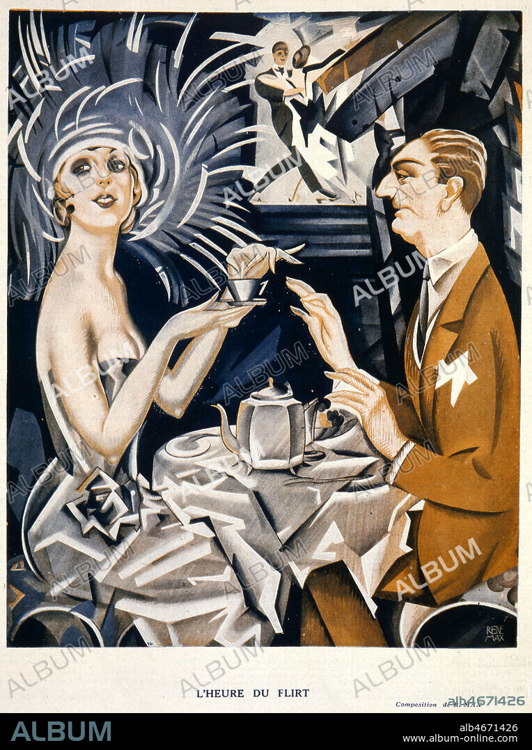 'L'heure du flirt' : couple prenant le the dans un dancing. Dessin de Rene MAX publie dans Le Sourire du 17 aout 1922. Credit : Collection KHARBINE-TAPABOR.