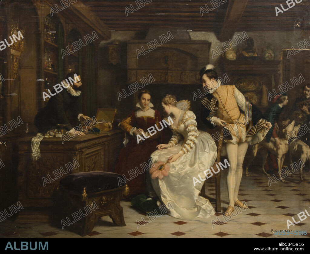 PIERRE CHARLES COMTE. Jeanne d'Albret Buying Poisoned Gloves from Catherine de Medici's Parfumeur, René.