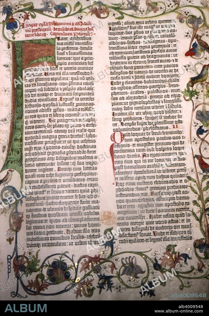 Gutenberg Bible, 42-line Bible printed in Mainz, 1455. Illustrates first use of moveable type.