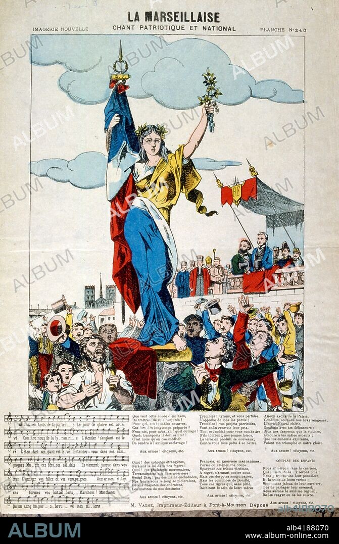 French revolutionary illustration and words for 'La Marseillaise' 1795. Lyrics by Claude Joseph Rouget de Lisle, 1792 with Music by Claude Joseph Rouget de Lisle. "La Marseillaise" is the national anthem of France. The song was written in 1792 by Claude Joseph Rouget de Lisle in Strasbourg after the declaration of war by France against Austria, and was originally titled "Chant de guerre pour l'Armée du Rhin" ("War Song for the Rhine Army"). The Marseillaise was a revolutionary song, an anthem to freedom, a patriotic call to mobilize all the citizens and an exhortation to fight against tyranny and foreign invasion. The French National Convention adopted it as the Republic's anthem in 1795. It acquired its nickname after being sung in Paris by volunteers from Marseille marching to the capital.