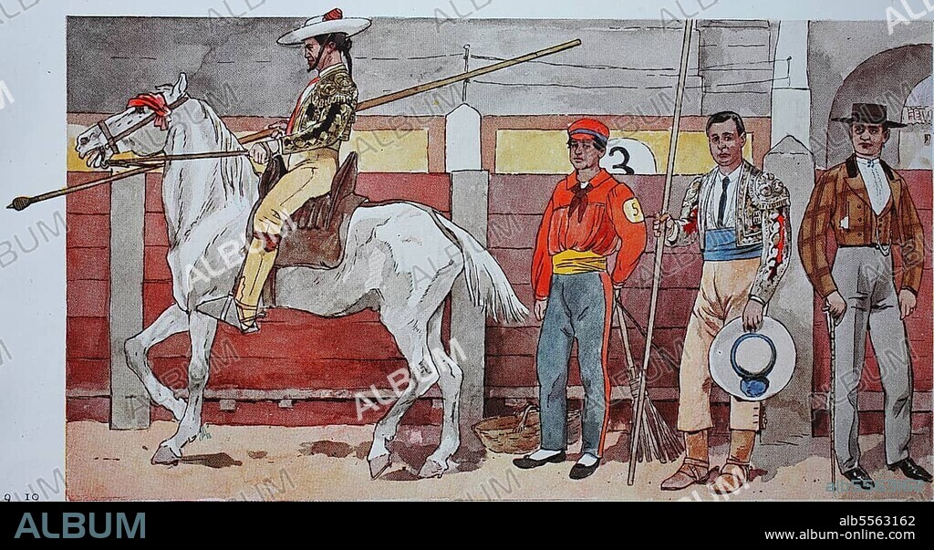 Fashion, dress in the bullfights in Spain for modern history, from left, a picador on horseback with lance, then a servant, then a picador with longer leather overtrousers and a bullfighter in street suit, digitally enhanced reproduction of a 19th century illustration