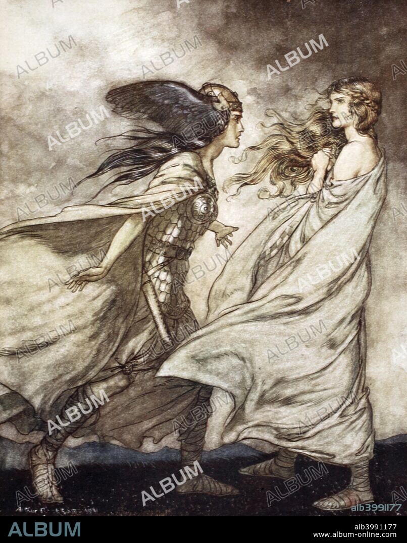 'The ring upon thy hand - ..ah be implored! For Wotan fling it away!', 1924. Illustration from Siegfried and the Twilight of the Gods. Waltraute, Brunnhilde's sister, arrives to warn her of the cursed ring and begs her to throw it away. From Gotterdammerung (Twilight of the Gods). From a private collection.