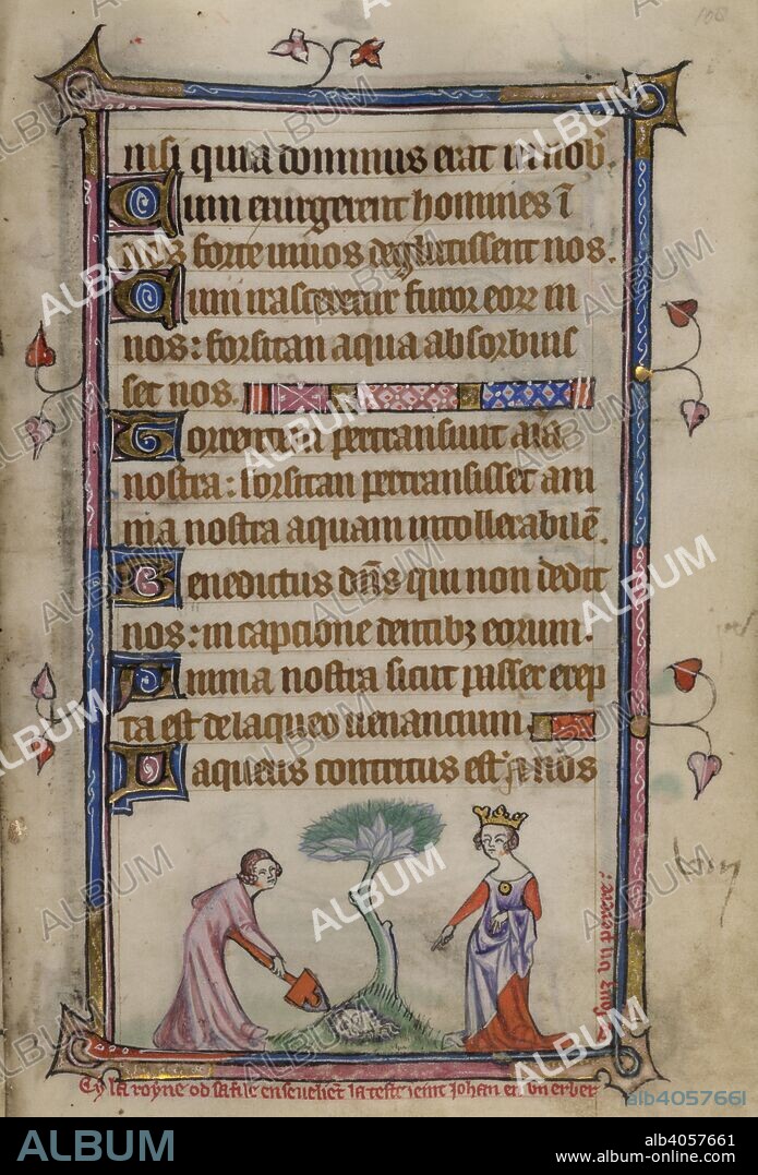 Bas-de-page scene of Salome and Herodias burying the head of John the Baptist, with a caption reading, â€˜Cy la royne od sa file ensevelie[n]t la teste seint Iohan en un erber desouz un perereâ€™ . Book of Hours, Use of Sarum ('The Taymouth Hours'). England, S. E.? (London?); 2nd quarter of the 14th century. Source: Yates Thompson 13, f.108. Language: Latin and French.