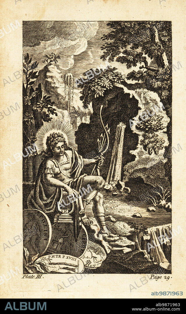 Apollo, Greek and Roman god of archery, music and dance. Shown with laurel crown, harp, bow and arrow. Copperplate engraving from Andrew Tookes The Pantheon, Representing the Fabulous Histories of the Heathen Gods, London, 1757.