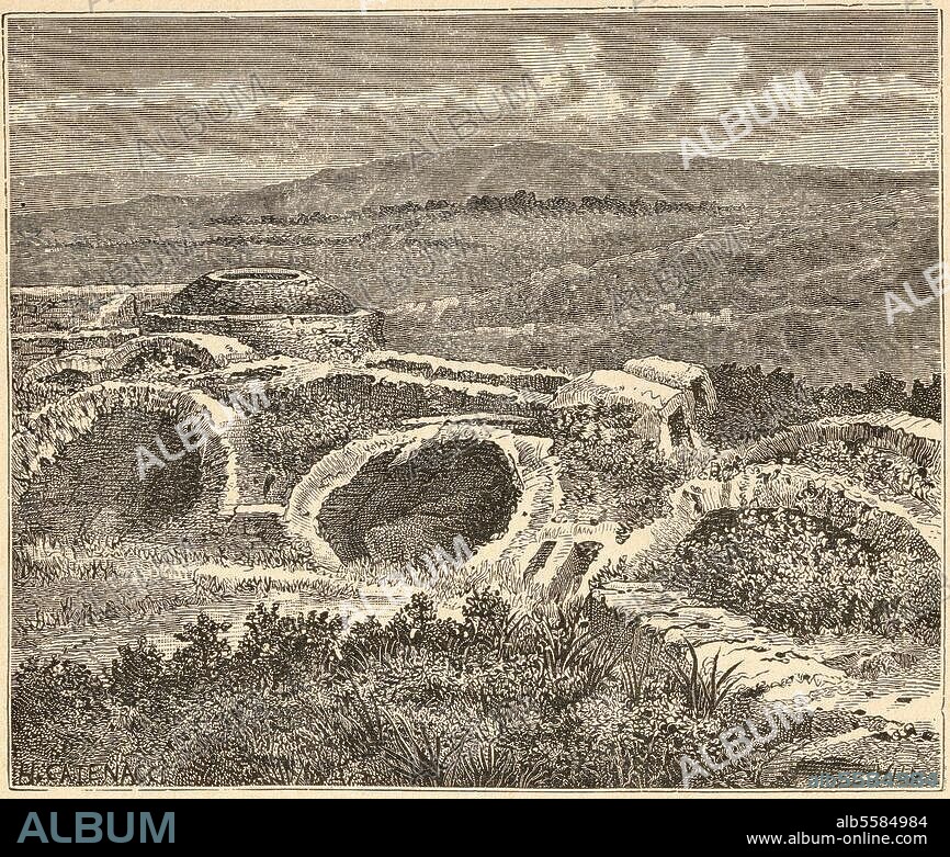 Carthage (Tunisie), aqueduc romain (règne d'Hadrien, 117-138 ap. J.-C.). Vue. Gravure sur bois d'ap. dessin de H. Catenacci, 1883.