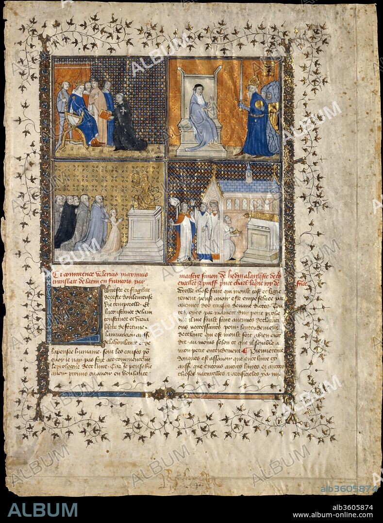 Leaf from a Manuscript of Valerius Maximus. Artist: Workshop of Pierre Remiet (documented 1368-1396). Culture: French. Dimensions: Overall: 15 3/16 x 11 3/4 in. (38.6 x 29.8 cm)
Study mat: 19 3/16 x 14 3/16 in. (48.8 x 36.1 cm). Date: ca. 1380-90.
Charles V of France (r. 1364-80) actively encouraged the translation into French of classical texts, including the writings of Valerius Maximus, a first-century Roman historian. The illustrations here show how the artists of Charles' circle evoked the ancient world.
The lower panels illustrate tales of Roman religion. At left, a priestess kneels before an altar of Ceres, goddess of grain, in an image that resembles scenes of Christians kneeling before the Virgin Mary. At the lower right, a Roman priest loses his official hat and consequently his job. His hat resembles a bishop's miter, and the Roman temple a Gothic church. The upper two panels juxtapose the ancient and the medieval. The translator Simon de Hesdin (left) presents his text to Charles V. At the right, Valerius Maximus receives the emperor Tiberius, to whom the text was dedicated.