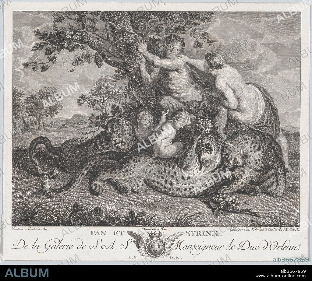 Pan picking grapes while Syrinx grabs his shoulder, with three leopards and two putti below them. Artist: Intermediary draftsman Antoine Borel (French, Paris 1743-after 1810); after Maerten de Vos (Netherlandish, Antwerp 1532-1603 Antwerp); Charles Nicolas Varin (French, Châlons-sur-Marne 1741-1812 Châlons-sur-Marne). Dimensions: Image: 7 5/8 × 6 11/16 in. (19.3 × 17 cm)
Sheet (Trimmed): 9 5/8 × 8 5/16 in. (24.5 × 21.1 cm). Series/Portfolio: Galerie du Palais Royal. Date: 1787.