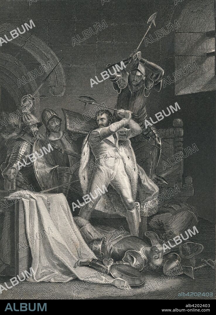 'Death of Richard II.', 1400, (late 18th century), (mid 19th century). Engraving after a painting made c1792, depicting a possible scenario for the death of King Richard II of England (1367-1400). The scene was influenced by Shakespeare's play "Richard II", and shows the king swinging an axe, having killed two men. He is about to hit another just as Sir Piers Exton strikes. In 1399 Richard was captured at Flint Castle in Wales before being taken to the Tower of London where he was forced to abdicate by Henry Bolingbroke, who declared himself King Henry IV. Richard was then imprisoned in Pontefract Castle where he either starved to death or was murdered early in 1400. [John Tallis & Company, London & New York].