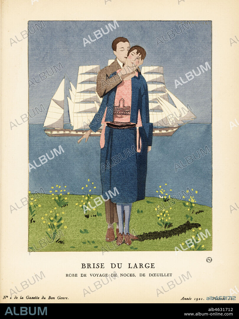 ANDRE EDOUARD MARTY. Bride in honeymoon dress of terracotta Moroccan crepe and blue serge, with groom in front of a sailing ship. Offshore breeze. Brise du Large. Robe de voyages de noces de Doeuillet. Pour le voyage de noces, une robe de serge marine et de crepe marocain terracotta de D½uillet. Handcoloured pochoir lithograph by Andre-Edouard Marty from Lucien Vogels Le Bon Genre: 100 Plates.