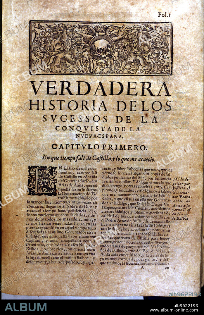Front page of the book 'Historia verdadera de la conquista de la Nueva España' (True story of the Conquest of New Spain' by Bernal Diaz del Castillo, 1632 edition.
