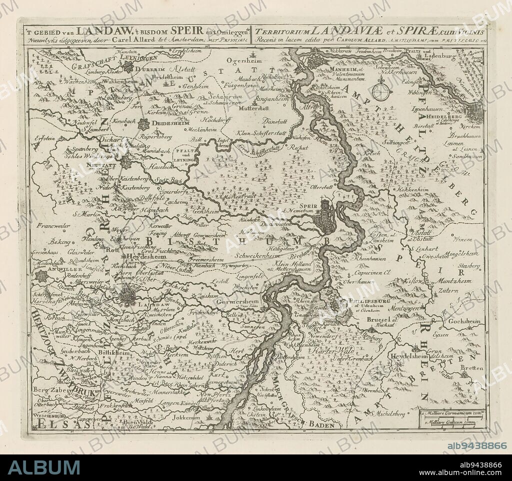 Map of the region between Mannheim and Landau, 't Gebied van Landaw, 't bisdom Speir en 't omleggende / Territorium Landauiae et Spirae, cum Vicinis (title on object), Les Principales Forteresses & Villes Fortes, d'Espagne, de France, d'Italie, de Savoië, d'Allemagne & des Païs-Bas (..) / Naaukeurige afbeeldingen der Voornaam Sterke Steden en Vestingen in Spanjen, Vrankryk, Italien, Savoyen, Duytsland en Nederlanden (...) (series title), Map of the region between Mannheim, Speyer en Landau. With texts in Dutch and Latin. The print is part of an album., print maker: Abraham Allard, print maker: Carel Allard, publisher: Carel Allard, (mentioned on object), print maker: Amsterdam, print maker: Amsterdam, publisher: Amsterdam, publisher: Leiden, 1701 - 1733, paper, etching, height 245 mm × width 279 mm.