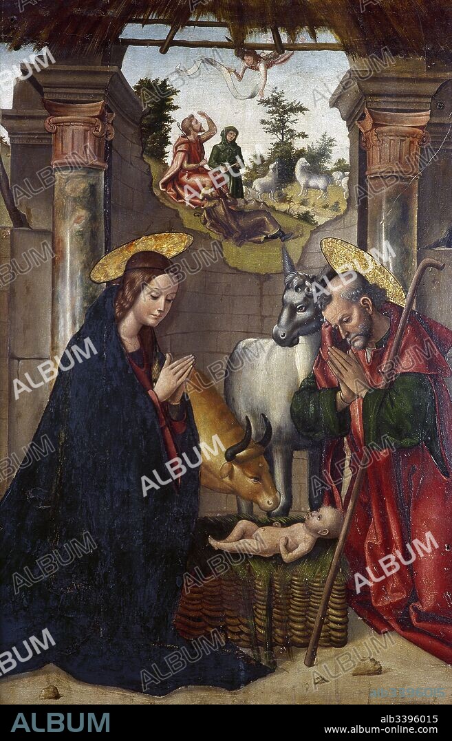 Juan de Borgon_a (ca.1470-1530). Renaissance painter. Birth of Jesus, 1500-1504. Part of the Altarpiece of the Convent of Santa Cruz of Carboneras de Guadazaon, Spain. Diocesan Museum of Cuenca, Castile-La Mancha, Spain.