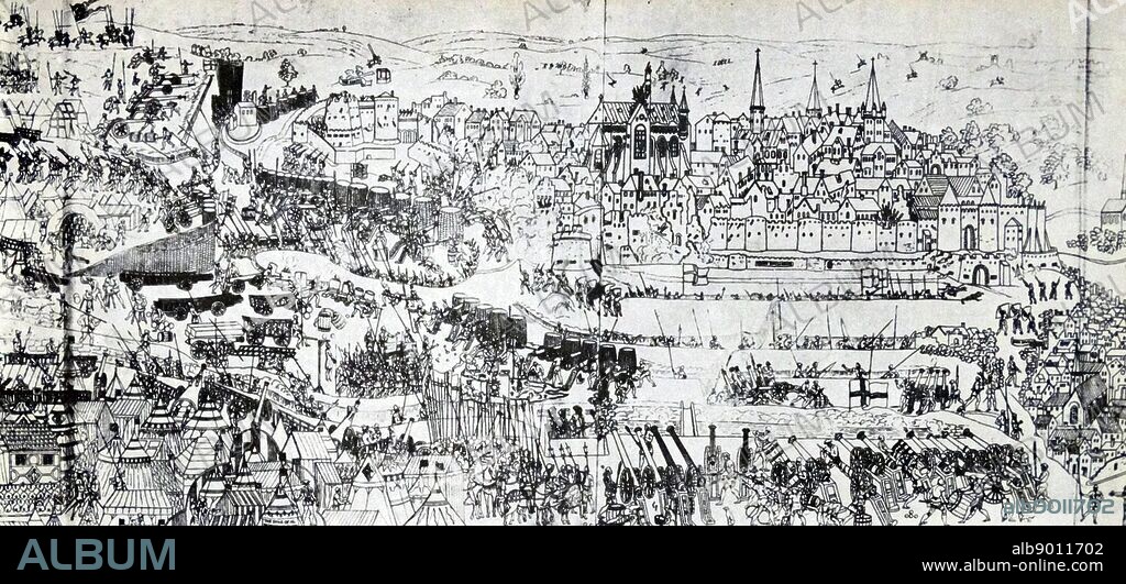 The siege of Boulogne, 1544. This engraving was done by James Basire after a contemporary painting and shows the high and low town and castle, the English camps of Henry VIII, Lord Admiral Lisle and Sir Anthony Browne. From The Island Race, a 20th century book that covers the history of the British Isles from the pre-Roman times to the Victorian era. Written by Sir Winston Churchill and abridged by Timothy Baker.