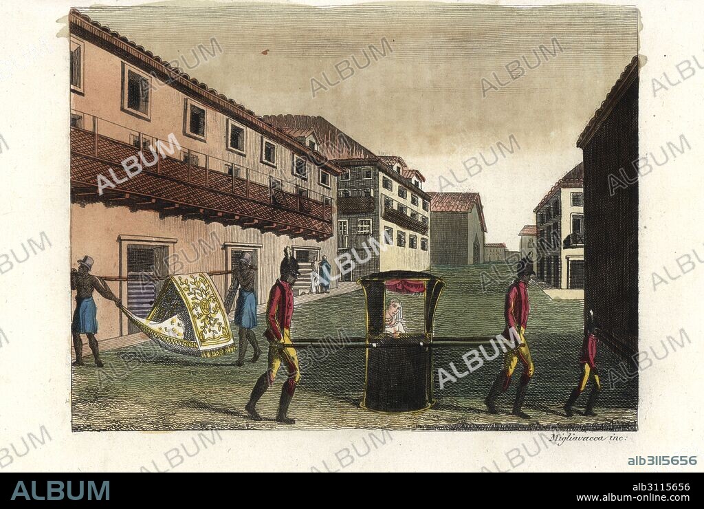 View of the streets of Rio de Janeiro, Brazil, early 19th century. African slaves carrying colonials in sedan chairs. Handcoloured copperplate engraving by Migliavacca from Giulio Ferrrario's Costumes Antique and Modern of All Peoples (Il Costume Antico e Moderno di Tutti i Popoli), Florence, 1842.