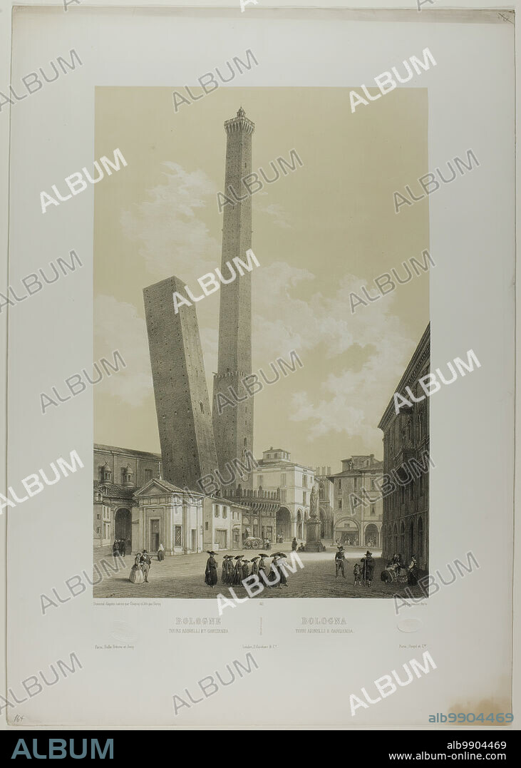 NICOLAS-MARIE-JOSEPH CHAPUY. Bologna: The Asinelli and Garisenda towers, plate 40 from Italie Monumentale et Pittoresque, c. 1848.