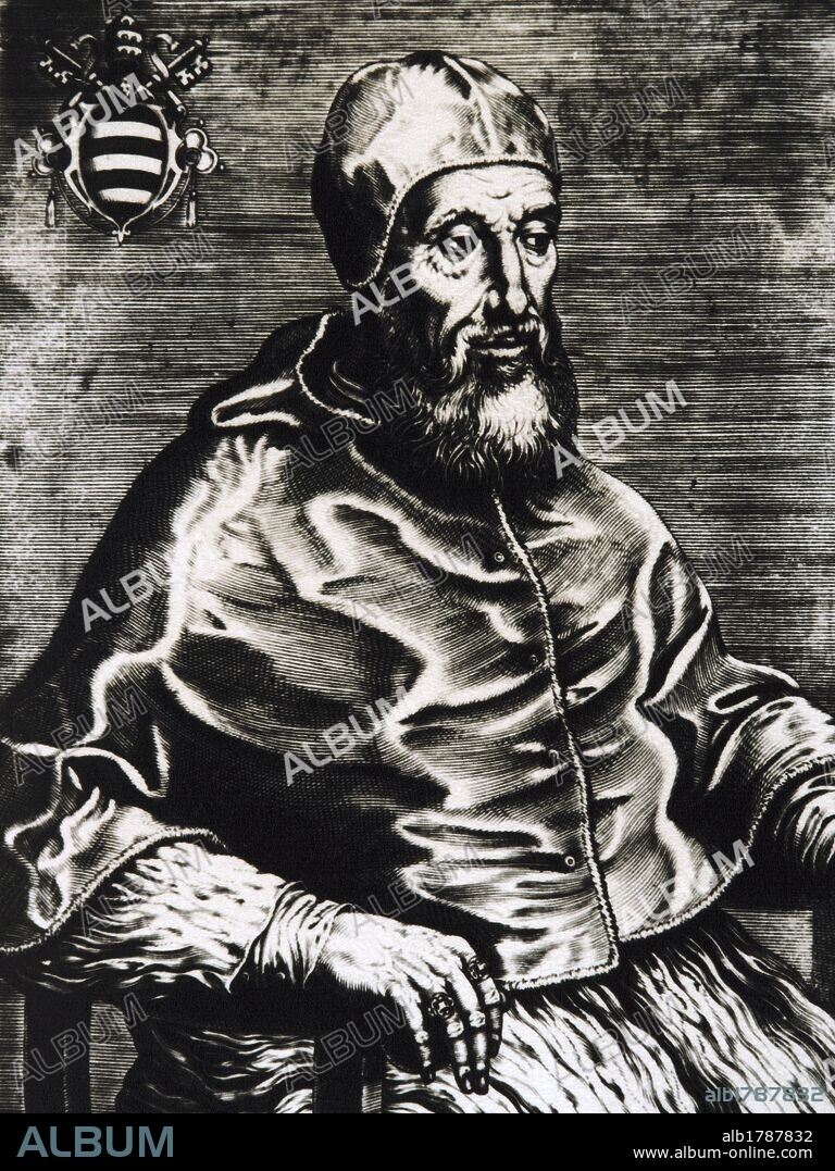PAULO IV (Capriglio, 1476-Roma, 1559). Papa italiano (1555-1559), de nombre Giovanni Pietro Carafa. Contrario a los Habsburgo y a su poder, mantuvo en suspenso la celebración del Concilio Tridentino y se enfrentó a España, que llegó a invadir los Estados de la Iglesia en 1556. Grabado.