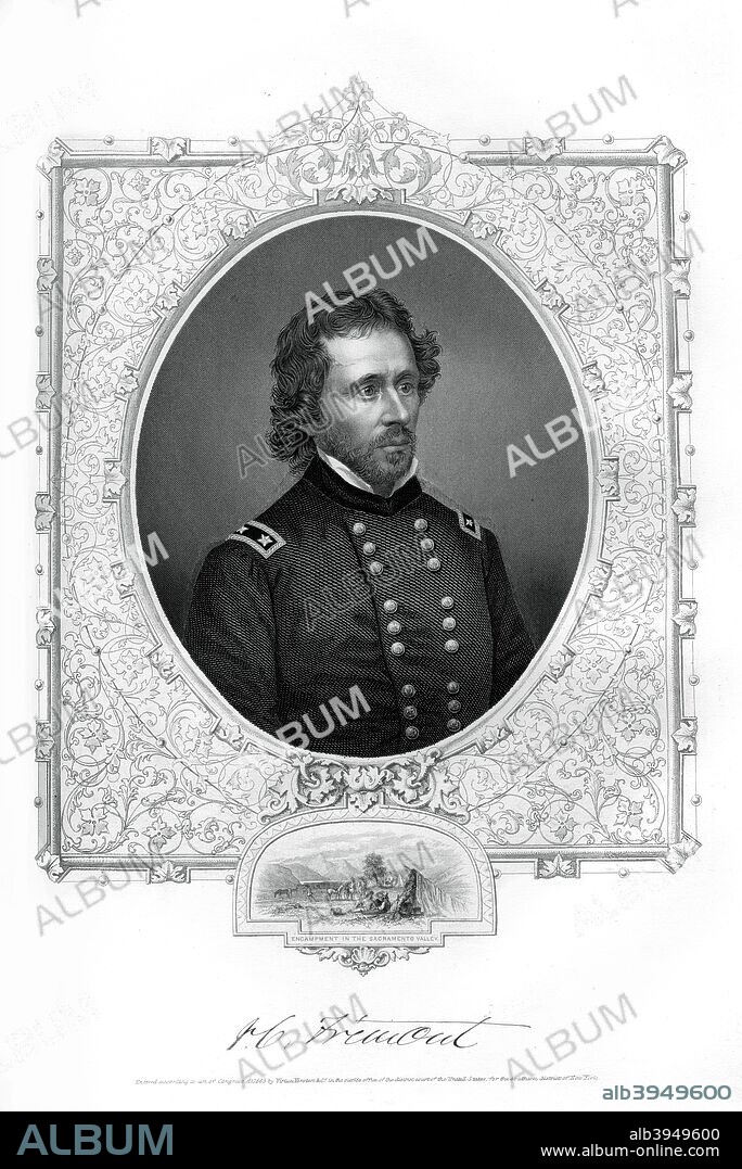 John C Fremont, American soldier, explorer, and Presidential candidate, 1862-1867. Fremont (1813-1890) undertook several surveying expeditions to the West in the 1830s and 1840s. Entering politics, he was the Republican Party's first presidential candidate and the first candidate from a major party to run on an anti-slavery platform, but lost the 1856 election to James Buchanan. Fremont was a Major-General in the Union Army in the American Civil War, but was dismissed by President Lincoln after he refused to reverse his declaration of martial law in Missouri, which Lincoln feared would drive the state over to the Confederate side. He later commanded an army in West Virginia but resigned after several defeats at the hand of Confederate General 'Stonewall' Jackson. An engraving from volume I of The War with the South : a History of the Late Rebellion, by Robert Tomes, Benjamin G Smith, New York, Virtue & Yorston, 3 Volumes, 1862-1867.