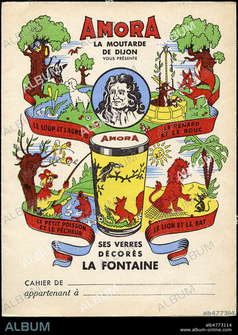 Fables de La Fontaine avec publicite pour la moutarde AMORA : Le loup et l'agneau, le renard et le bouc, le petit poisson et le pecheur, le lion et le rat. Illustration anonyme pour un Protege-cahier publicitaire vers 1925. Credit : Coll. Jonas/KHARBINE-TAPABOR.
