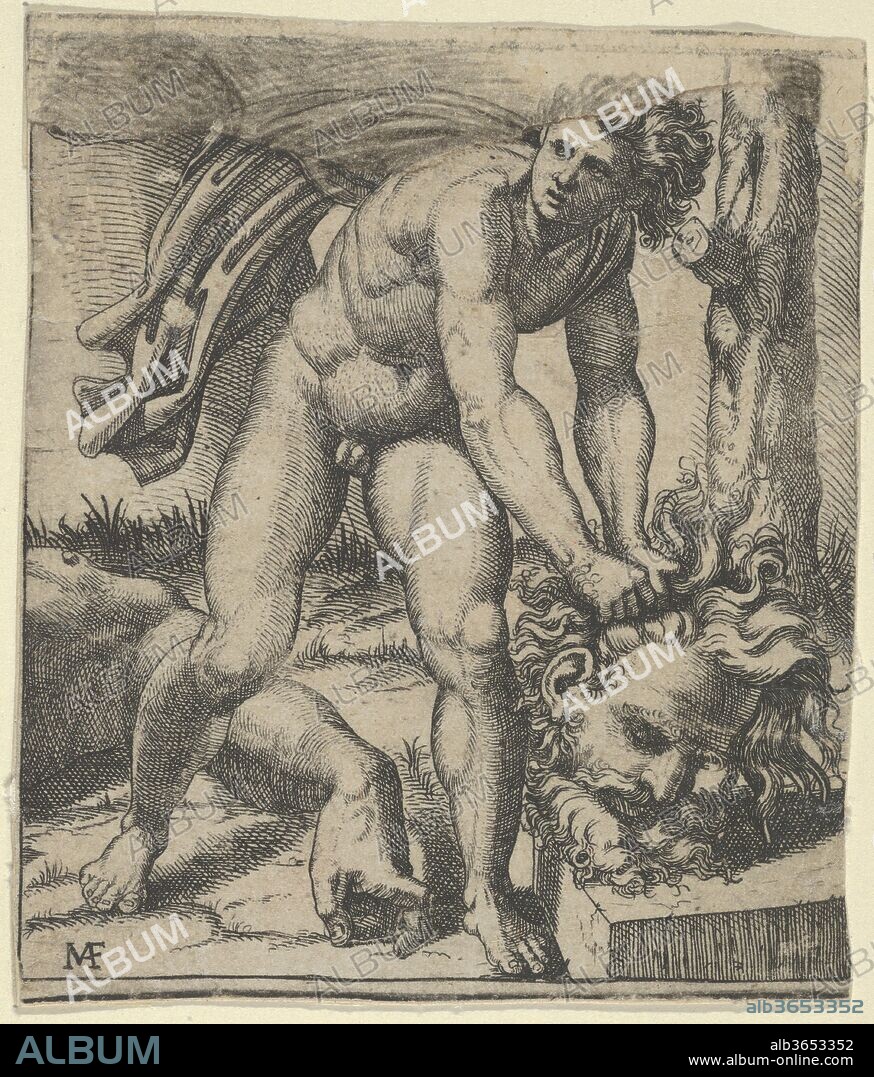 MARCANTONIO RAIMONDI and ? AFTER RAPHAEL (RAFFAELLO SANZIO OR SANTI). David with the head of Goliath. Artist: Marcantonio Raimondi (Italian, Argini (?) ca. 1480-before 1534 Bologna (?)); ?After Raphael (Raffaello Sanzio or Santi) (Italian, Urbino 1483-1520 Rome). Dimensions: 4 5/8 x 3 3/8 in.  (11.8 x 8.6 cm). Date: ca. 1515-16.
