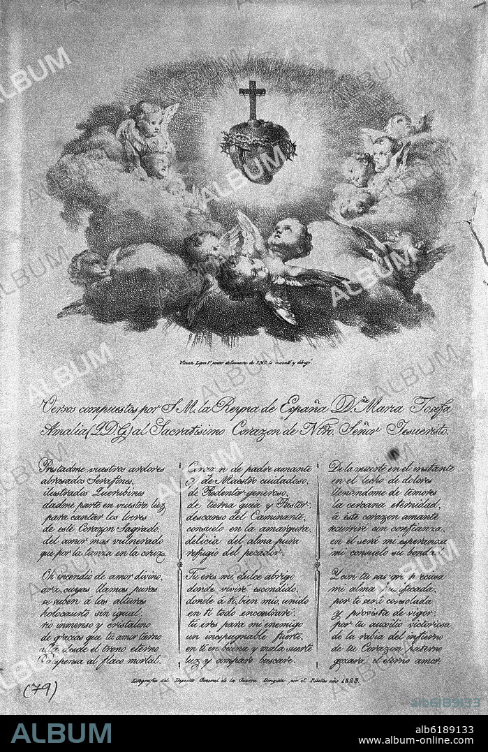 VERSOS COMPUESTOS POR LA REINA MARIA JOSEFA AMALIA AL SAGRADO CORAZON DE JESUS - GRABADO SIGLO XIX.