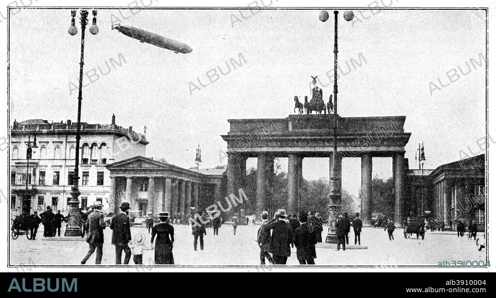 Zeppelin airship passing over Brandenburg Gate, Berlin, First World War, 1914. Illustration from The Great War by HW Wilson, Vol I, (London, 1914).
