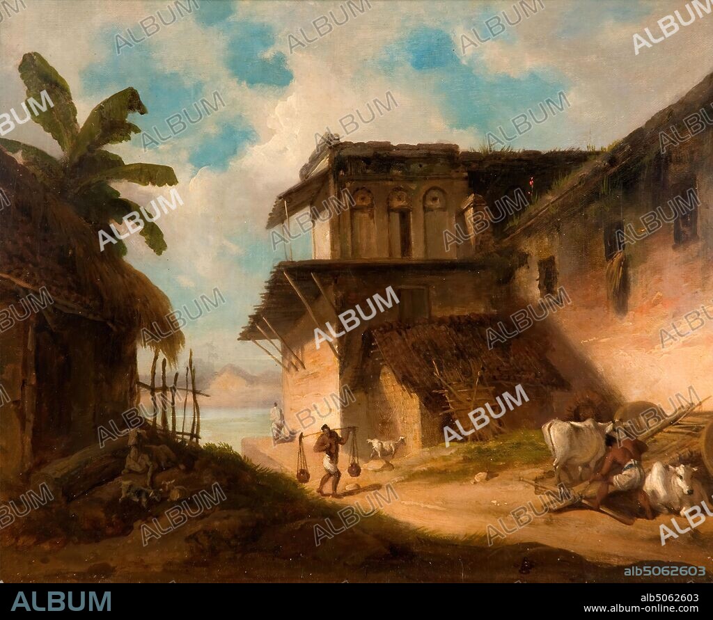 Bengal Village Scene, 1819-1821 George Chinnery, Landscape, Asia, Oil Painting, India, Blue sky, Animal, Cow, Village.