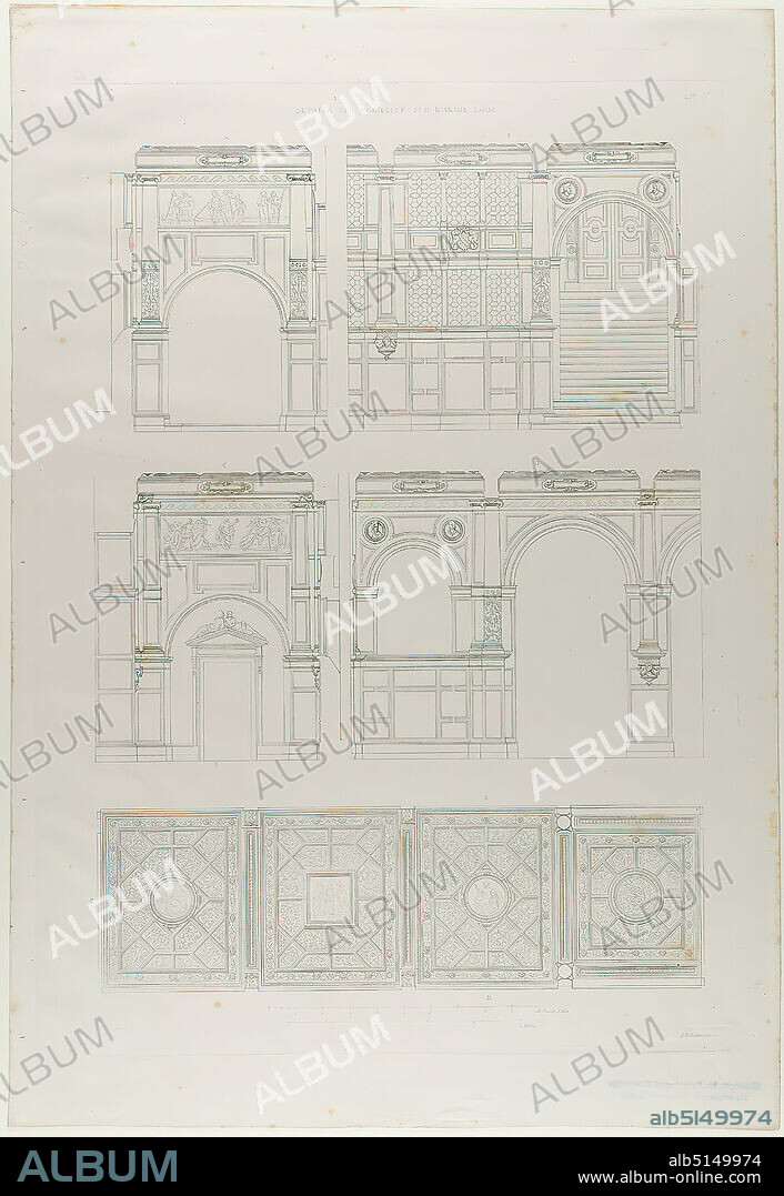 Ernst Christian Schmidt, Verlag Friedrich Vieweg und Sohn, Gottfried Semper, details of the vestibule of the Royal Lodge. From the portfolio Das Königliche Hoftheater zu Dresden, ed. by Gottfried Semper, Braunschweig 1849, old stock, probably a 1903, paper, copperplate engraving, plate: height: 45 cm; width: 31 cm, inscribed: in the printing plate: E. C. Schmidt sc, TAB IX, address, portfolio works, section through an architecture, lodges, architecture, opera house, hist. Building, location, street, architectural details.