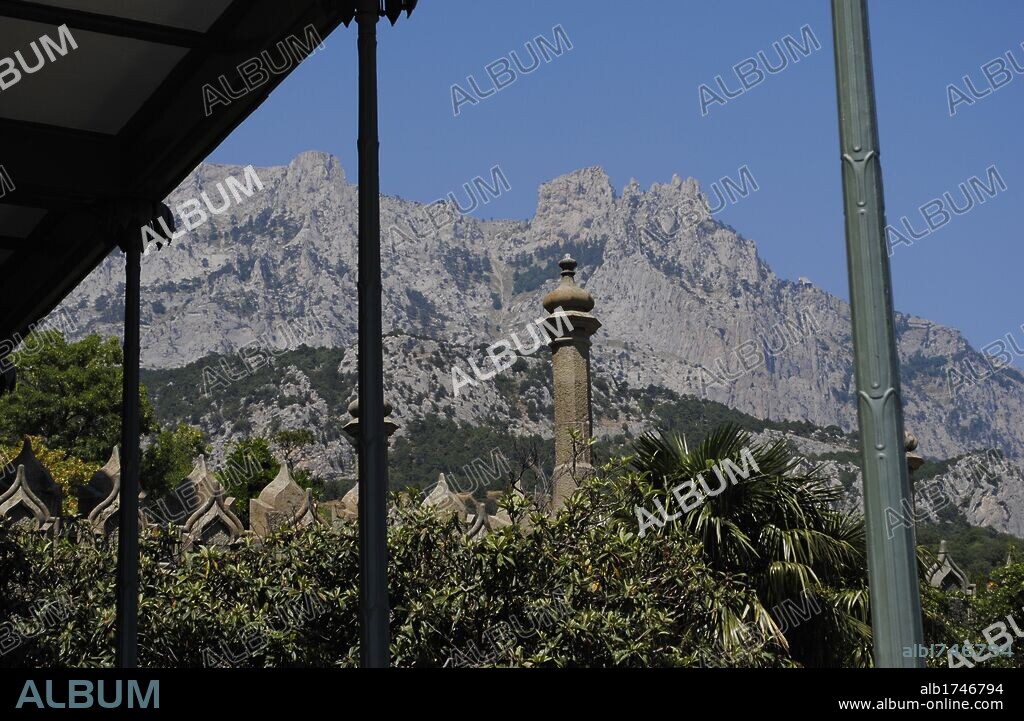 Ukraine. Autonomous Republic of Crimea. Crimean Mountains with Ai-Petri peak in the background. From Vorontsov Palace. Alupka.