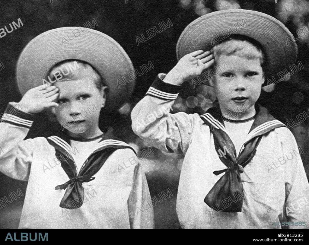 The future King Edward VIII (right) and the Duke of York, future King George VI, c1900. Edward (1894-1972) succeeded his father George V to the throne as King Edward VIII in 1936. He ruled from ruled 20 January 1936 until 11 December 1936, and abdicated in order to marry Wallis Simpson, an American divorcee, thus heading off an impending constitutional crisis. His brother took the throne in his stead. Illustration from George V and Edward VIII, A Royal Souvenir, by FGH Salusbury, a souvenir book published as Edward VIII was crowned following the death of his father, George V, (Daily Express Publication, London, 1936).