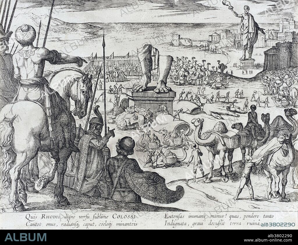 Etching of the Colossus of Rhodes from the series: The Seven Wonders of the World (plate 2) by Antonio Tempesta (1555-1630) Italy, published 1610. This vast bronze statue of the Greek sun god Helios, one of the Seven Wonders of the Ancient World, stood at the entrance to the harbor at Rhodes, a Greek island in the Aegean Sea. The statue, completed in 282 BC, was 108 feet tall. It was destroyed 56 years later in an earthquake.