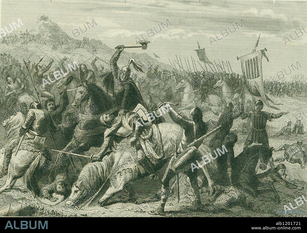 Batalla de Muret. Consistió en la escaramuza decisiva de la llamada cruzada albigense; enfrentó a Pedro II de Aragón, sus vasallos y sus aliados, contra las tropas cruzadas y las de Felipe II de Francia en 1213. El rey D. Pedro II de Aragón murió en la batalla y Catalunya perdió su influencia en el Llanguedoc. Grabado.