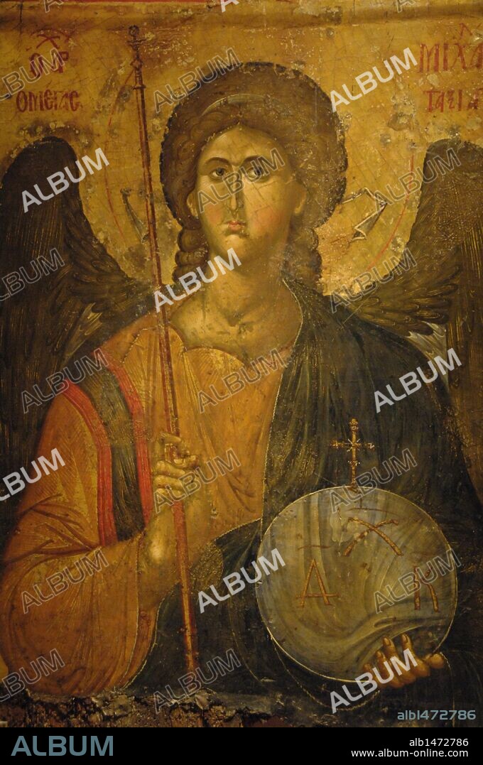 ARTE BIZANTINO. GRECIA. ICONO con el ARCANGEL SAN MIGUEL realizado por el taller de Constantinopla, apoyado por la nobleza. Fechado en el siglo XIV. Museo Bizantino. Atenas.