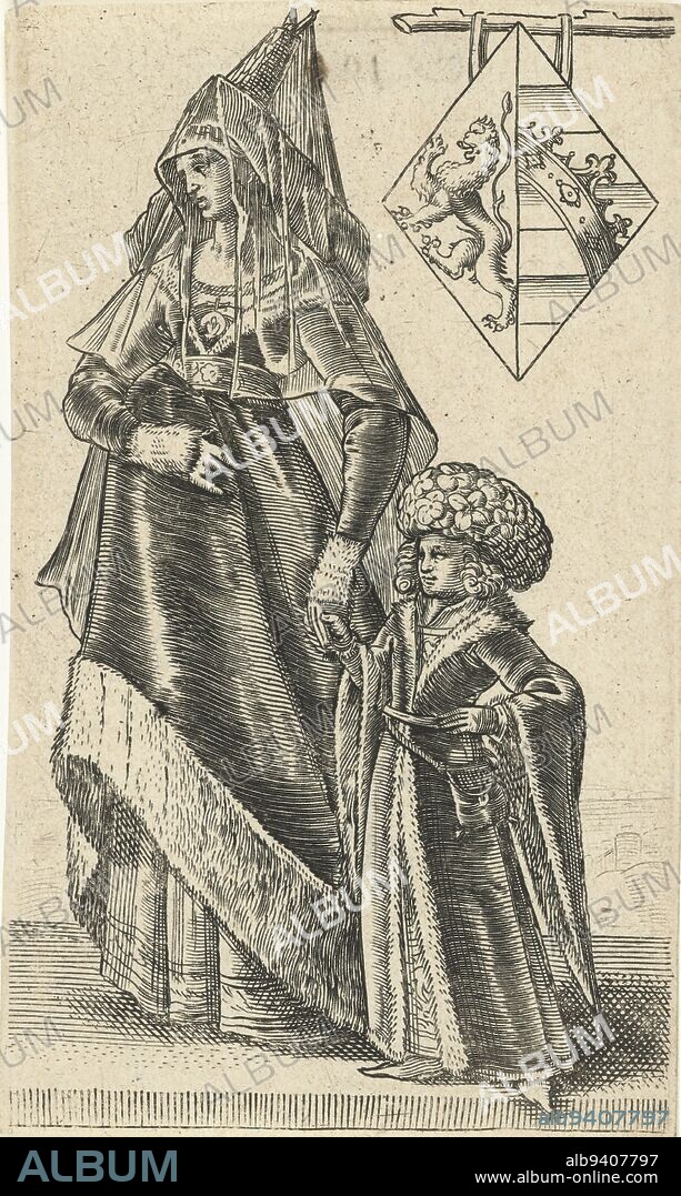 Portrait of Geertruida of Saxony, widow of Floris I, Count of Holland, holding her son Dirk V, Count of Holland. Print from a series of 36 prints with full-length portraits of counts and countesses of Holland, Portrait of Geertruida of Saxony Counts and Countesses of Holland , print maker: Adriaen Matham, Haarlem, 1620, paper, engraving, h 130 mm × w 80 mm.