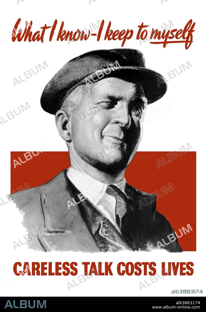 Vintage World War II poster of an older man winking at the viewer. It reads, What I Know I Keep To Myself, Careless Talk Costs Lives.