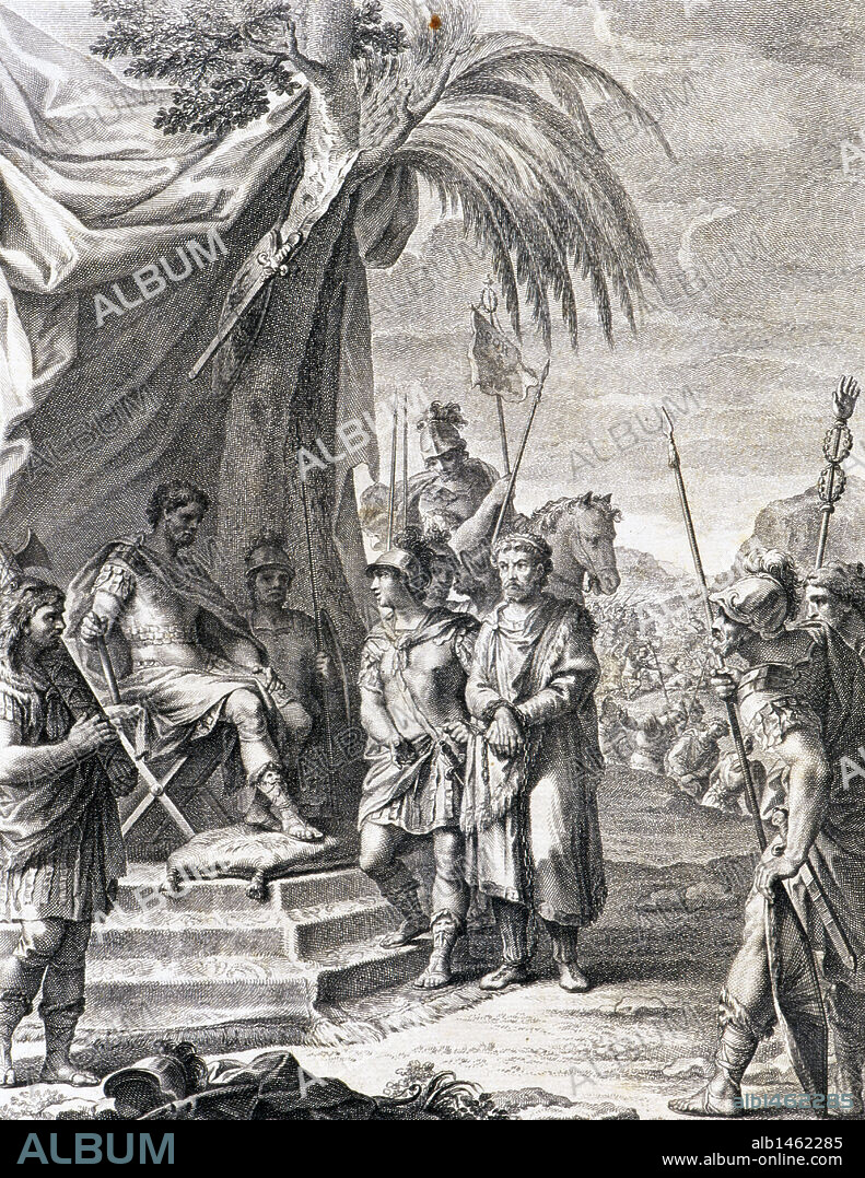 SALUSTIO CRISPO, Cayo (Caius Salustius Crispus) (Amiterno, h.86-35 a.C.). Historiador romano. "LA GUERRA DE YUGURTA". Grabado con la representación del "REY BOCO I DE MAURITANIA (S.II a.C.), ALIADO DE ROMA, ENTREGANDO AL REY DE NUMIDIA, YUGURTA A LOS ROMANOS". Edición del año 1772. Biblioteca de Catalunya. Barcelona.
