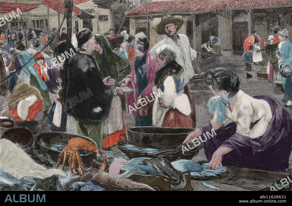Fish market. Engraving by Tacalli. The Artistic Illustration, 1887. Original painting by Hector Tito. Later colouration.