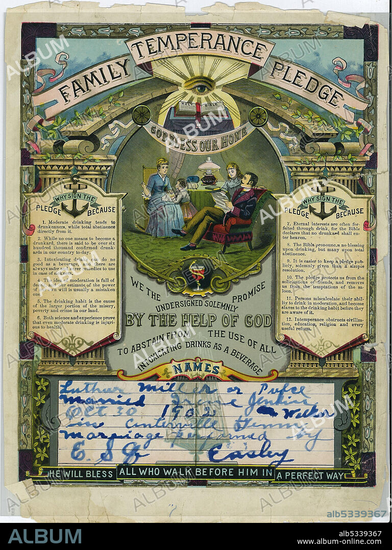 Temperance pledge for Luther Miller Pulce and Irene Jenkins of Centerville, Tennessee. A temperance or abstinence pledge is a commitment to practice abstinence, usually from alcohol. "Family Temperance Pledge" and "God Bless Our Home" is printed across the top. Rays of light emanate from an all-seeing eye floating above the Holy Bible. Below is an idealised domestic scene of a  white family, with six reasons why a person should sign the pledge listed on either side. Beneath this is an inscription written in blue ink, giving the details of Luther Miller Pulce and Irene Jenkins' marriage.