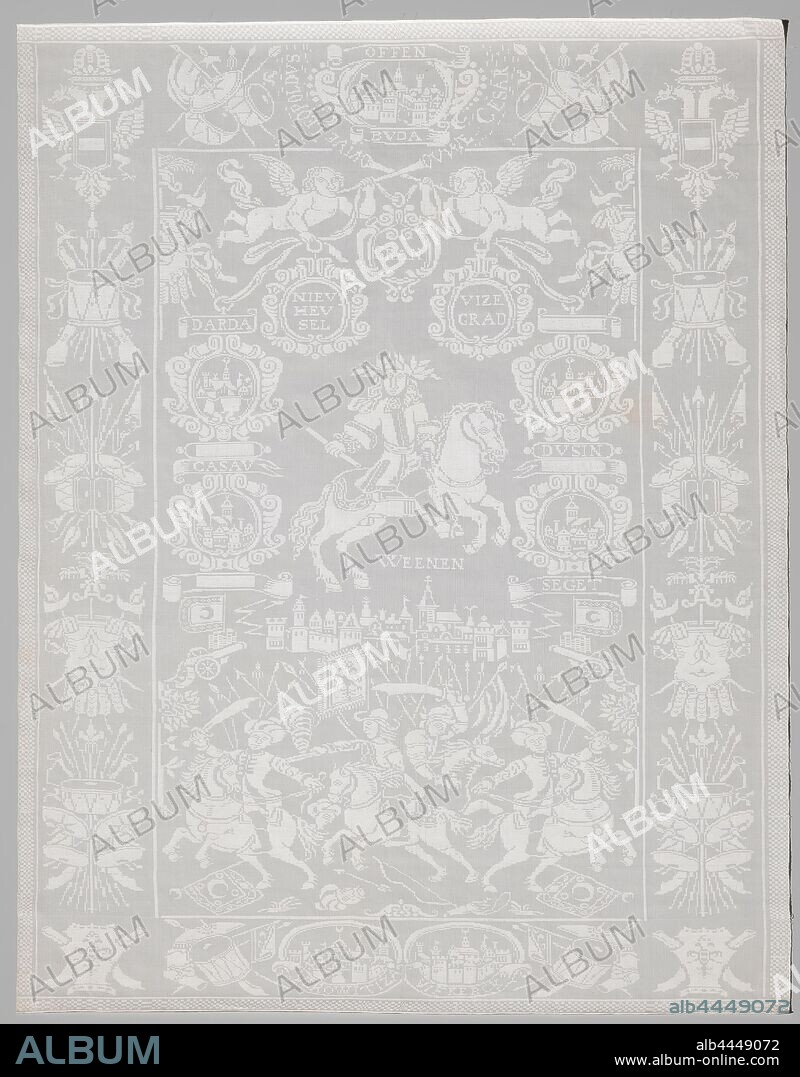 Napkin with the conquests on the Turks under Leopold I, Emperor of Habsburg, Napkin of linen damask with the conquests on the Turks under Leopold I, Emperor of Habsburg. The show shows the emperor on horseback, a cavalry battle and cityscapes of cities recaptured in Austria-Hungary on the Turks: Weenen, Verowitiza, Viekerck, Offen, Bvda, Seget, Dvsin, Vizegrad, Gran, Nievhevsel, Darda, Leopold I (emperor of Germany), anonymous, Vlaanderen (possibly), c. 1686, linen (material), damask, h 91 cm × w 118 cm.