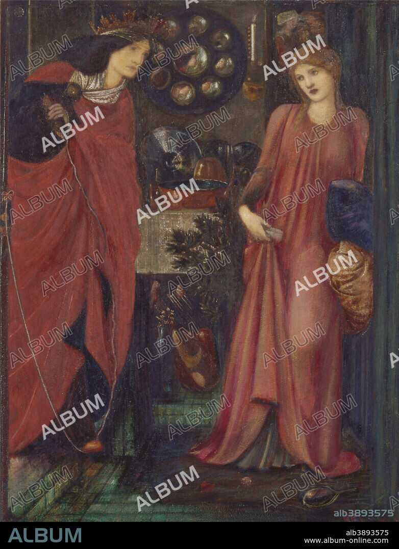 EDWARD BURNE-JONES. Fair Rosamund and Queen Eleanor. Date/Period: 1861. Painting. Mixed media on paper. Height: 495 mm (19.48 in); Width: 375 mm (14.76 in).