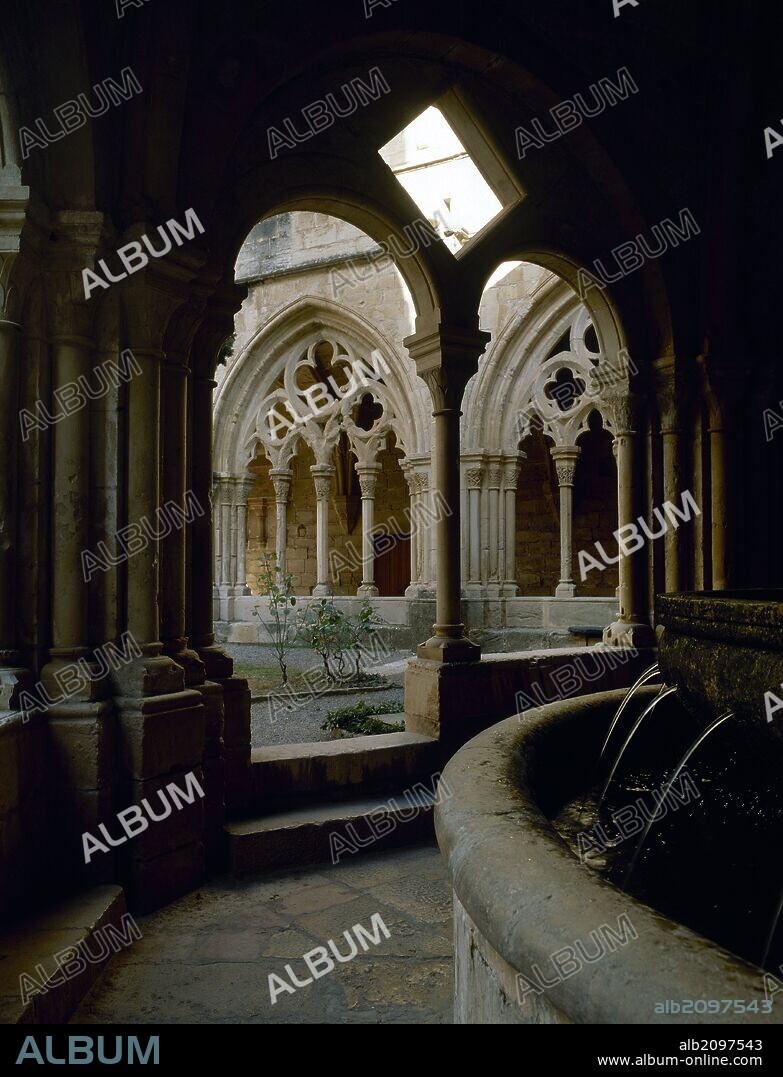Spain, Catalonia, Tarragona province, Vimbod’. Royal Monastery of Santa Maria de Poblet. The construction of the monastery began in the 12th century.The lavabo and fountain, used by the monks for cleaning and washings.