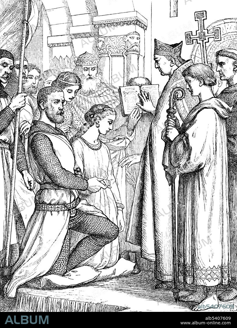 On August 25, 1170, following the Norman invasion of Ireland that her father had requested, Aoife MacMurrough AKA Eva of Leinster (1145 - 1188)  was married to Richard de Clare, 2nd Earl of Pembroke, AKA Strongbow, the leader of the Norman invasion force. Her father, Dermot MacMurrough, who was seeking a military alliance with Strongbow in his feud with the King of Breffni, Tiernan O'Rourke, had promised Aoife to Pembroke. However, according to Brehon law, both the man and the woman had to consent to the marriage, so it is fair to conclude that Aoife accepted her father's arrangement. An Illustrated History of Ireland by Mary Francis Cusack, 1868 (cropped and cleaned).