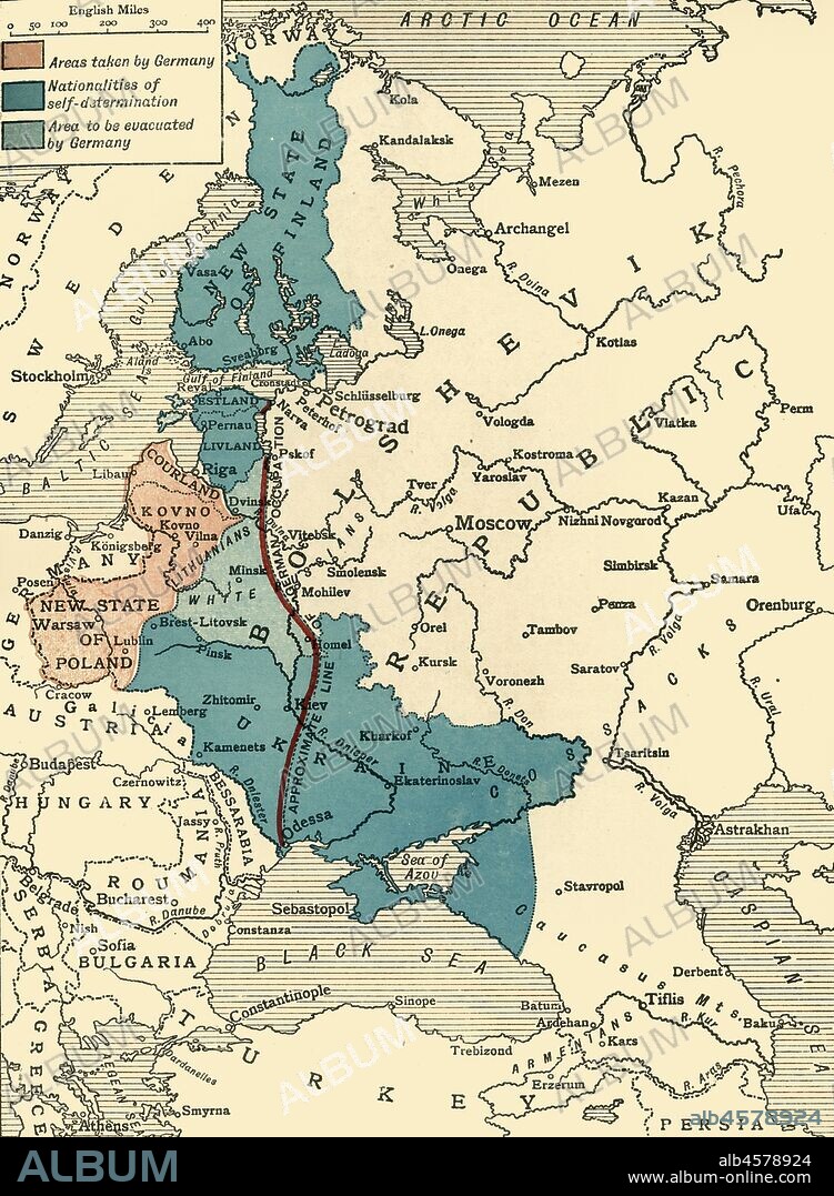 'Map illustrating the Brest-Litovsk Treaties', First World War, c1918, (c1920). Pink: 'Areas taken by Germany'; dark blue: 'Nationalities of self-determination'; light blue: 'Area to be evacuated by Germany'. The Treaty of Brest-Litovsk, also known as the Brest Peace in Russia, was a peace treaty signed on 3 March 1918 between the new Bolshevik government of Russia and the Central Powers (German Empire, Austria-Hungary, Bulgaria, and the Ottoman Empire), that ended Russia's participation in World War I. From "The Great World War: A History", Volume VII, edited by Frank A Mumby. [The Gresham Publishing Company Ltd, London, c1920].