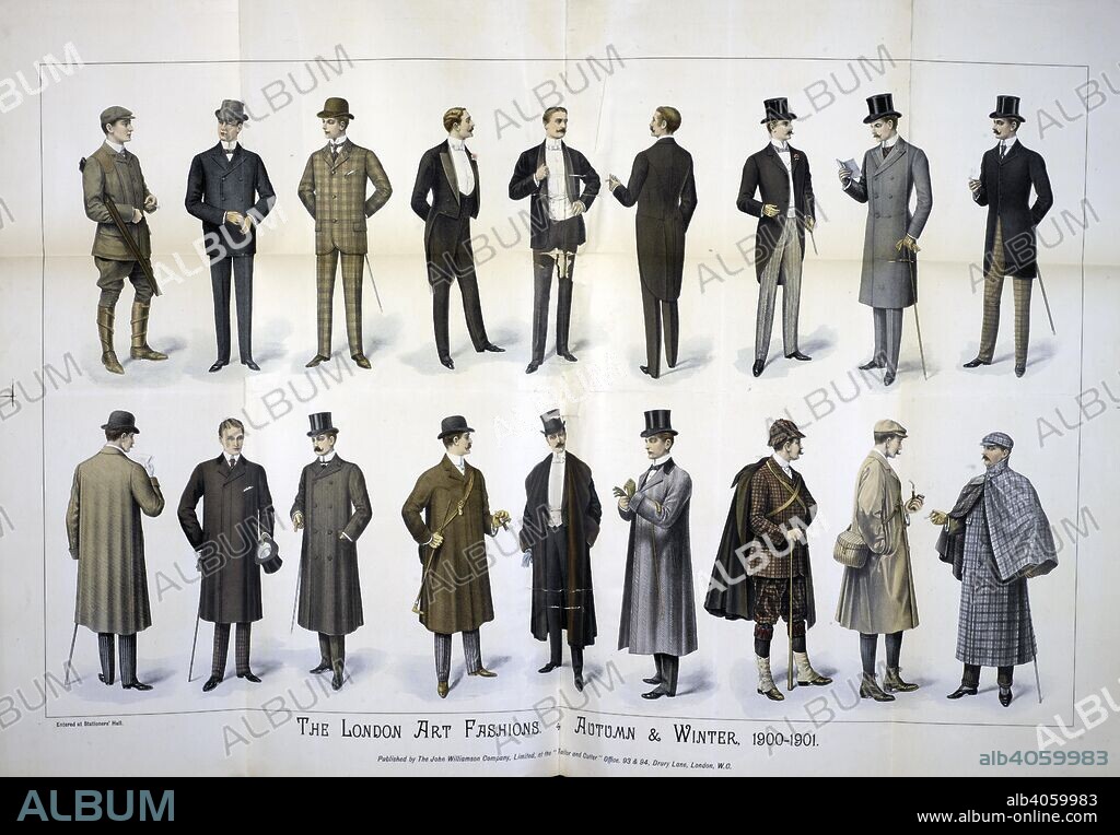 The London art fashions. A gallery showing men's outfits. . London Art Fashion Journal. London, 1900-01. Source: London Art Fashion Journal. Autumn and Winter, 1900-01.