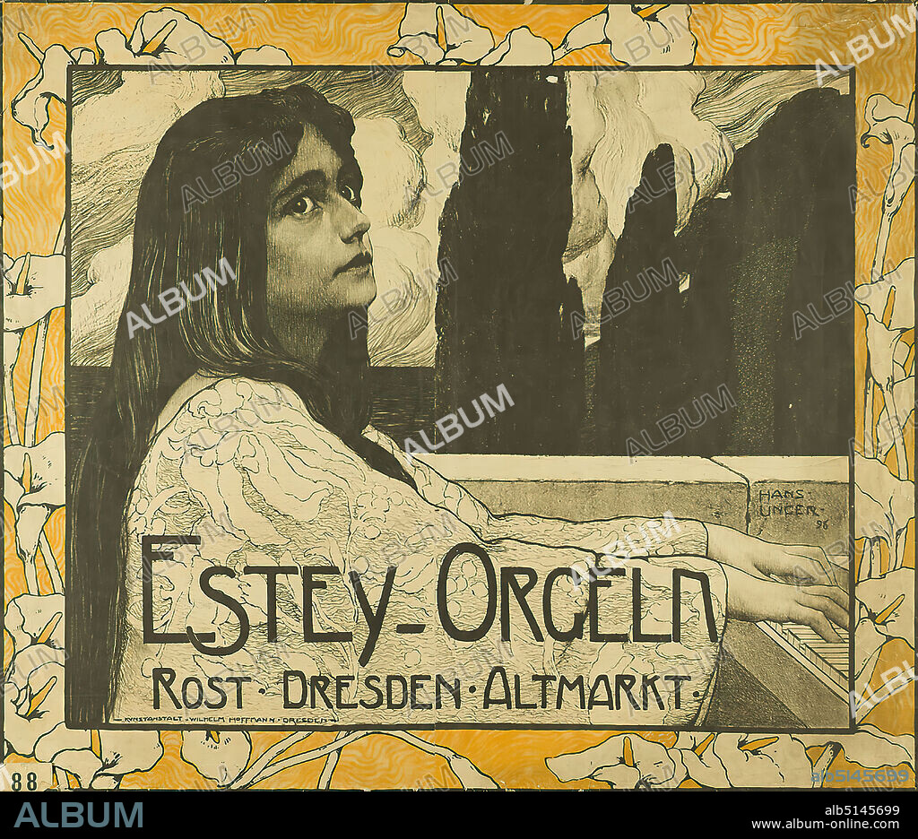 Hans Unger, Wilhelm Hoffmann AG, Estey organs. Rost Dresden Altmarkt, paper, lithograph, total: height: 107 cm; width: 124 cm, signed and dated: center right in the printing plate: HANS UNGER 96, product and business advertising (posters), product advertising (posters), young woman, girl, organ, musicians, making music, plant ornaments, art nouveau.