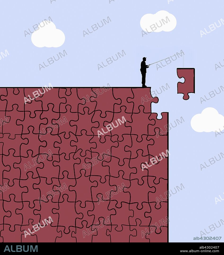 Man completing jigsaw puzzle cliff with last piece on fishing line.
