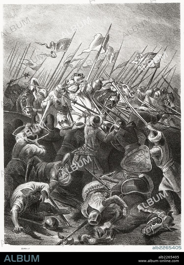 Historia de España. Batalla de Higueruela o Sierra Elvira entre las tropas cristianas de Juan II de Castilla dirigidas por el condestable Alvaro de Luna, y las granadinas nazaríes en 1431. Grabado de 1872.