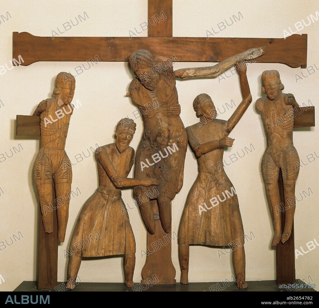 ARTE ROMANICO. DESCENDIMIENTO DE LA CRUZ DE ERILL-LA-VALL. Talla con restos de policromía. Valle de Boi (Comarca de la Ribagorza). Siglo XII. Procede de la iglesia parroquial de Santa Eulalia de Erill la Vall. Museu Episcopal de Vic. Provincia de Barcelona. Comarca de Osona. Cataluña.